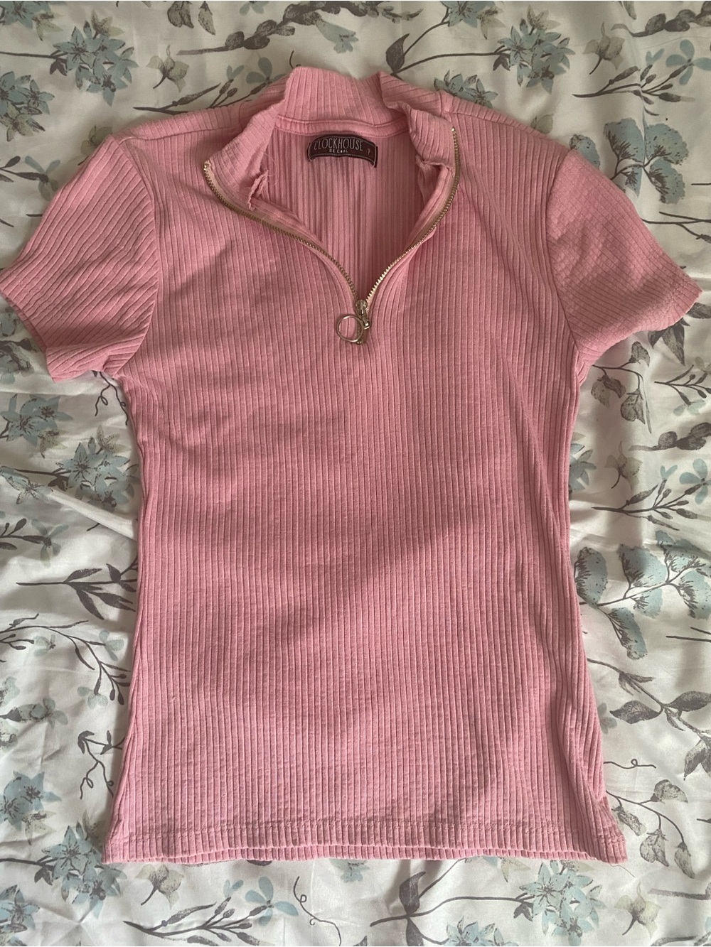 Clockhouse Pink Ribbed Half-Zip Short Sleeve Top